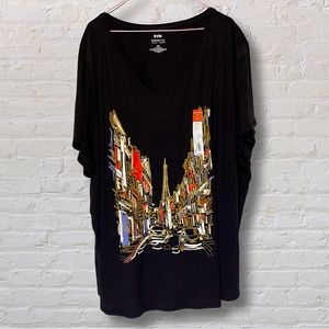 EVRI Black French Graphic V Neck Relxed Everyday Tee 4X NWT